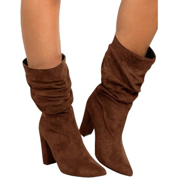 Women's Coffee Suede Mid Calf High Slouchy Chunky Heel Block Pointed Toe Boots - Picture 2 of 8